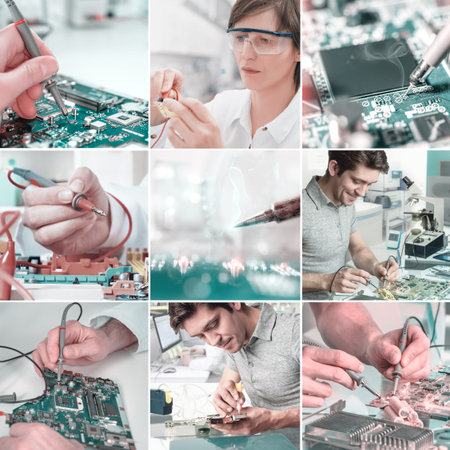 Electronics repair and assembly, workers and hands. Set of nine pictures for your website or leaflet