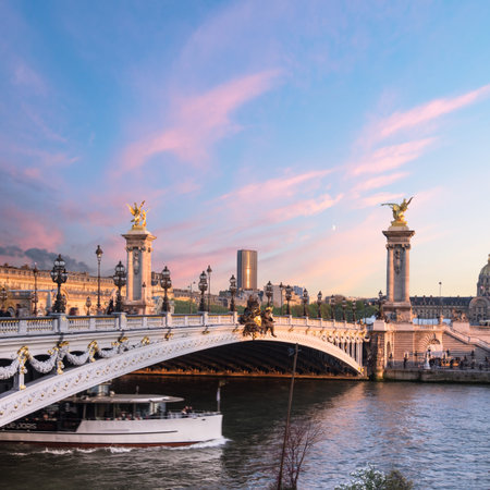Alexandre Bridge in Paris in the last rays of setting sun, panoramic image