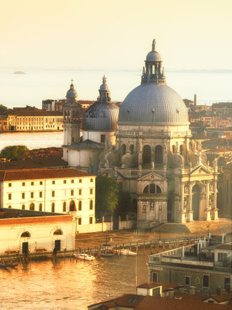 Bird view of Venice lagoon Basilica Santa Maria della Salute from Campanile di San Marco. This image is tonedの写真素材