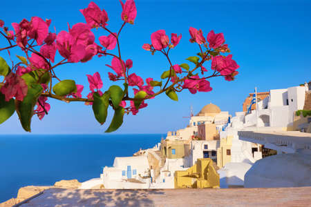 Oia village, Santorini island, Greece, on a bright day, with purple Bougainvillea in front.の写真素材