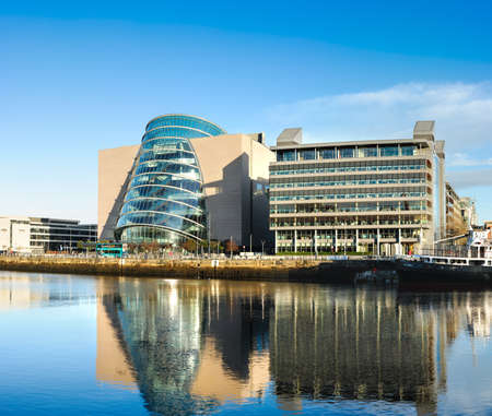 DUBLIN, IRELAND - FEBRUARY 4, 2017: Panoramic image of The Convention Centre Dublin (The CCD) taken from across river Liffey. Opened in 2010, the CCD is located on Spencer Dock.のeditorial素材