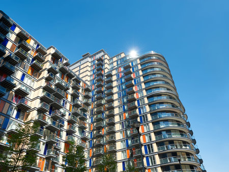 LONDON, ENGLAND - MAY 3, 2013: Modern apartment block in South Quay part of the Canary Wharf, financial district in East London, England. Space for your text.のeditorial素材
