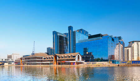 LONDON, ENGLAND - MAY 3, 2013: Harbour Exchange Square on South Quay part of the Canary Wharf complex, imcluding Equinix building. Millharbour, Isle of Dogs in London.のeditorial素材