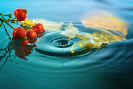 Autumn leaves and rosehip berries on rippled water surface. Fall background in red and turquoise.