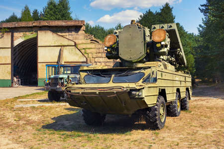 FINOWFURT, GERMANY - AUGUST 22, 2015: 9K33 Osa,  tactical surface-to-air missile system, also known as Romb. Finowfurt Aviation Museum (Luftfahrtmuseum Finowfurt) in Brandenburg, Germany.のeditorial素材