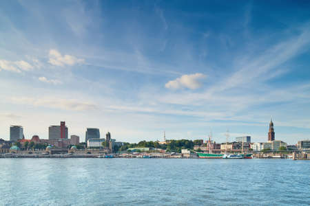 Hamburg skyline on a sunset from across Elbe riverの写真素材