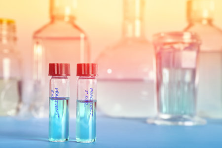 Two vials with liquid samples and histopathology tools and buffers as a background in blue and...