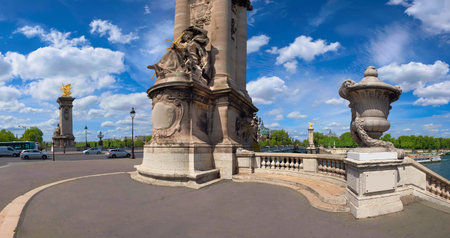 Entrance to Alexandre Bridge in Paris on a bright sunny day, panorama imageの写真素材