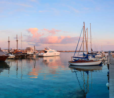 Yachts in Latchi harbour, Cyprus, early in the evening, panoramic image, text spaceのeditorial素材