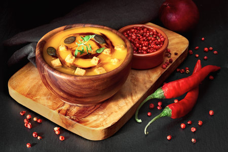 Spicy pumpkin soup in wooden bowl on dark background, served with pumpkin oil, pumpkin seeds, croutons and thyme leaves. This is German variation of pumpkin soup.の写真素材