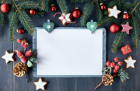 Christmas background, mockup, postcard or website header design with copyspace in the center on dark...