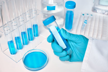 Scientific background in white and blue. Liquid sample in gloved female hand, blue liquid samples in...