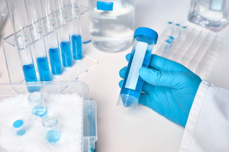 Scientific background in white and blue. Liquid sample in gloved female hand, blue liquid samples in...