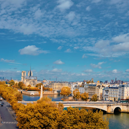 Notre-Dame cathedral in Paris in Autumn,an aerial view の写真素材