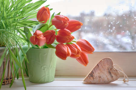 Spring background with green grass, bunch of orange tulips and wooden heart on window board on a rainy day. Space for your text.の写真素材