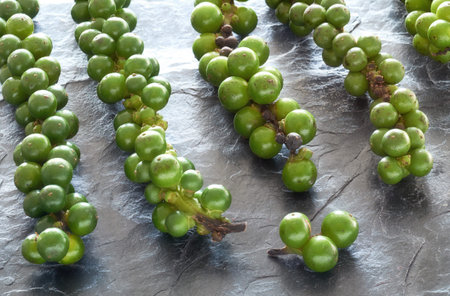 Closeup on resh green peppercorns on gray slate stone