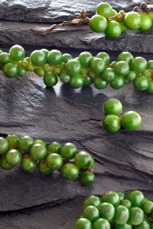 Closeup on resh green peppercorns on gray slate stone