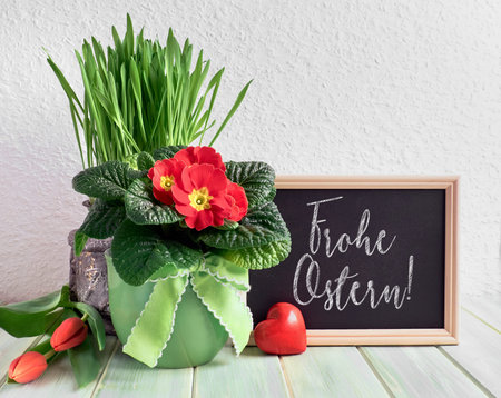Easter composition with red stone heart and red Spring flowers on rustic wood. Text