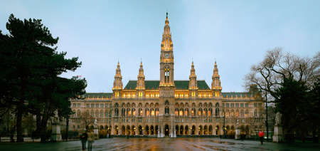 Vienna's Town Hall (Rathaus) in the evening after the rain, Vienna, Austriaの写真素材