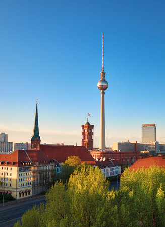 Aerial view of central Berlin on a bright day in Spring, including old City Hall and television tower on Alexanderplatzのeditorial素材