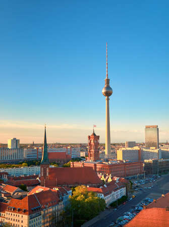 Aerial view of central Berlin on a bright day in Spring, including old City Hall and television tower on Alexanderplatzのeditorial素材