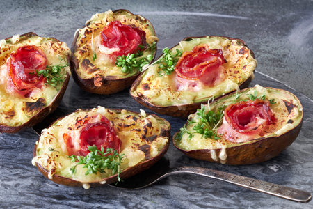 Keto diet dish: Avocado boats with crunchy bacon, melted cheese and cress sprouts on gray stone...