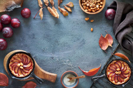 Cooking background with red plums, plum crumble cakes, towel, caramelized peanuts, autumn leaves. Top view with copy-space on gray textured background.の写真素材