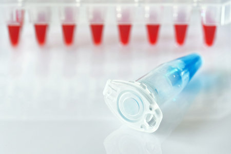 Science and molecular biology background with text space. Plastic tube with blue DNA sample and red...