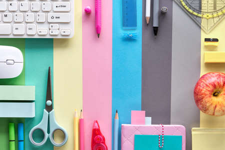 Back to school, concept flat lay  in pastel colors. Stationary items on paperの写真素材