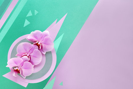 Floral paper  in pink and mint colors. Orchid flowers on geometric  with copy-space.
