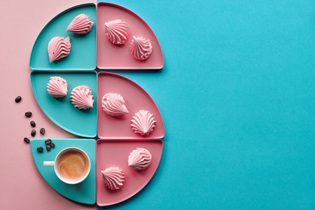 Geometric paper  in mint and coral colors with coffee, marshmallows and macarons.