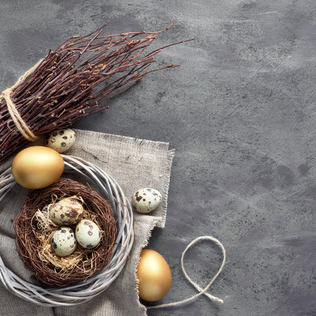 Easter flat lay on dark background with quail eggs in the nest, linen fabrique and two golden eggs,...