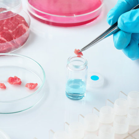 Meat sample in open  disposable plastic cell culture dish in modern laboratory or production...