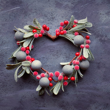 Christmas flat lay with mistletoe wreath on dark textured background