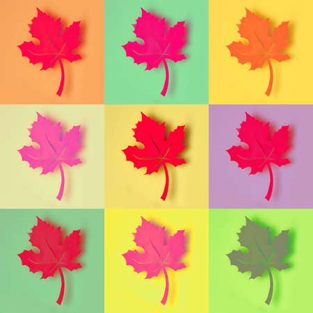 Paper maple leaf with a shadow, photo collage in colorful pop art styleの写真素材