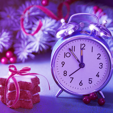 New Year greeting card design in neon hues. Christmas fir twigs, red berries, star cookies and blue...