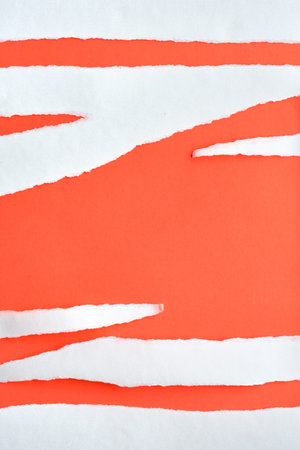 Torn stripes of white paper on coral color paper background, abstract flat lay with copy-space