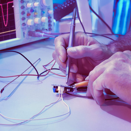 Tech tests electronic equipment in service center, square composition