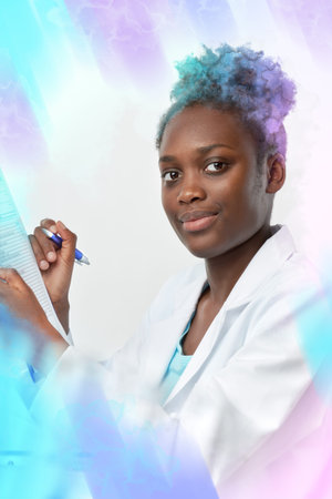 African scientist, medical or or graduate student. Confident young woman wearing lab coat holds a...