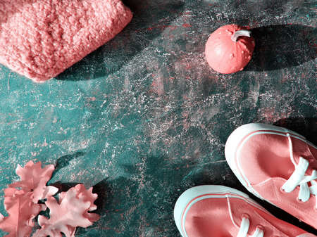 Pale orange sneakers, handmade sweater, matching oak leaves and decorative pumpkin. Autumn coral color flat lay background on dark textured background with copy-space.の写真素材