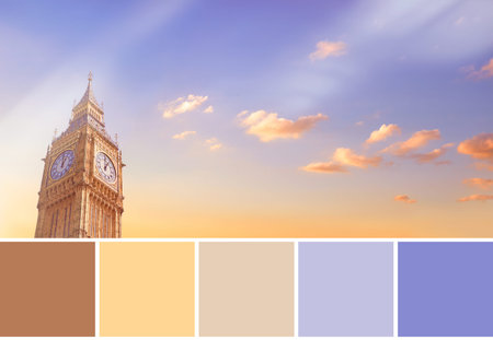 Color matching Autumn palette from image of Big Ben Clock Tower in London, UK, on a sunset....