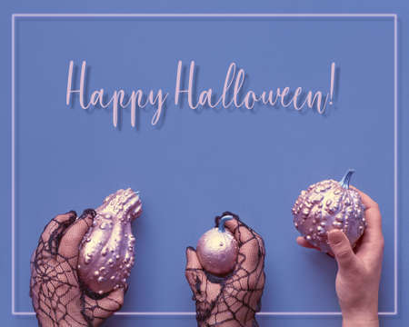 Creative Halloween flat lay in purple, pink and black  Hands in black mesh gloves holding decorative pumpkins painted in shimmering pink. Gllowing neon frame, text "Happy Halloween" in bouncy script.の写真素材
