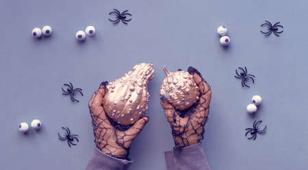 Panoramic Halloween flat lay in purple, metallic pink and black with pumpkins and spiders.  Hands in black mesh gloves with pumpkins painted in glamour metallic pink.の写真素材