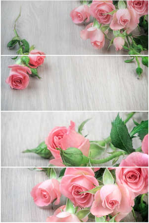 Collage with small pink roses on wooden table, romantic  for your St Valentine's design or a greeting card.の写真素材