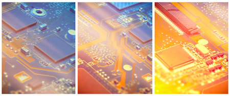 Collage, three closeups on electronic motherboard card in hardware repair shop. Details of the...