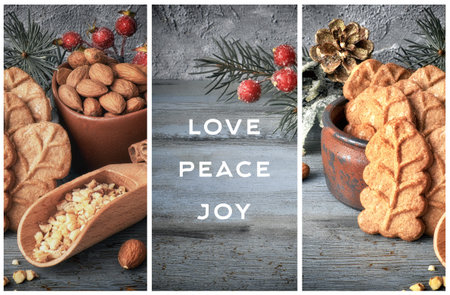 Christmas collage with almond leaf cookies, ingredients and seasonal decorations on rustic wooden...