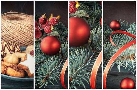 Christmas time food collage, closeup on almond cookies with cinnamon sticksの写真素材