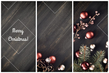 Christmas collage with with shiny floral garland and Xmas baubles or trinkets on dark wooden table,...