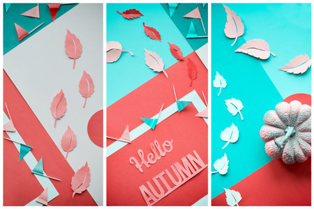 Ornate geometric Autumn flat lay, paper craft. Diagonal arrangement with Autumn leaves, flags and...