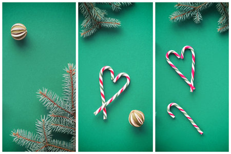 Creative Christmas collage of flat lay images with fir twigs, candy canes arranged as hearts and dry...